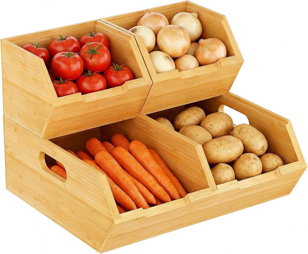Bamboo Pantry Storage Bins, Potato and Onion Storage Bin for Countertop, Pantry Organizers and Storage Bins for Vegetables