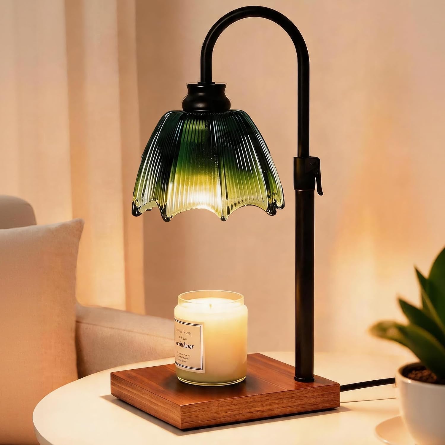 Farmhouse Candle Warmer Lamp with Timer Dimmable Adjustable, Vintage Glass Wax Heated Lamp Wood Base for Large Jar Candles, Gifts for Mothers Day House Warming New Home Office Decor (Green Gradient)