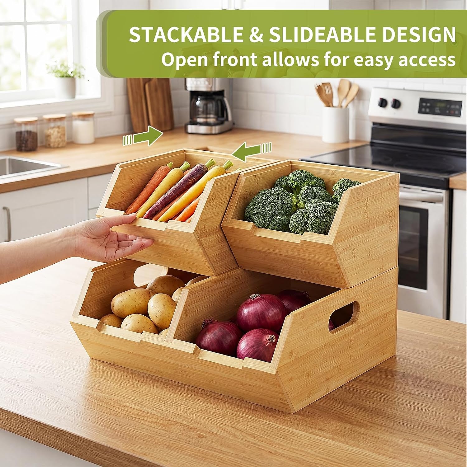 Bamboo Pantry Storage Bins, Potato and Onion Storage Bin for Countertop, Pantry Organizers and Storage Bins for Vegetables