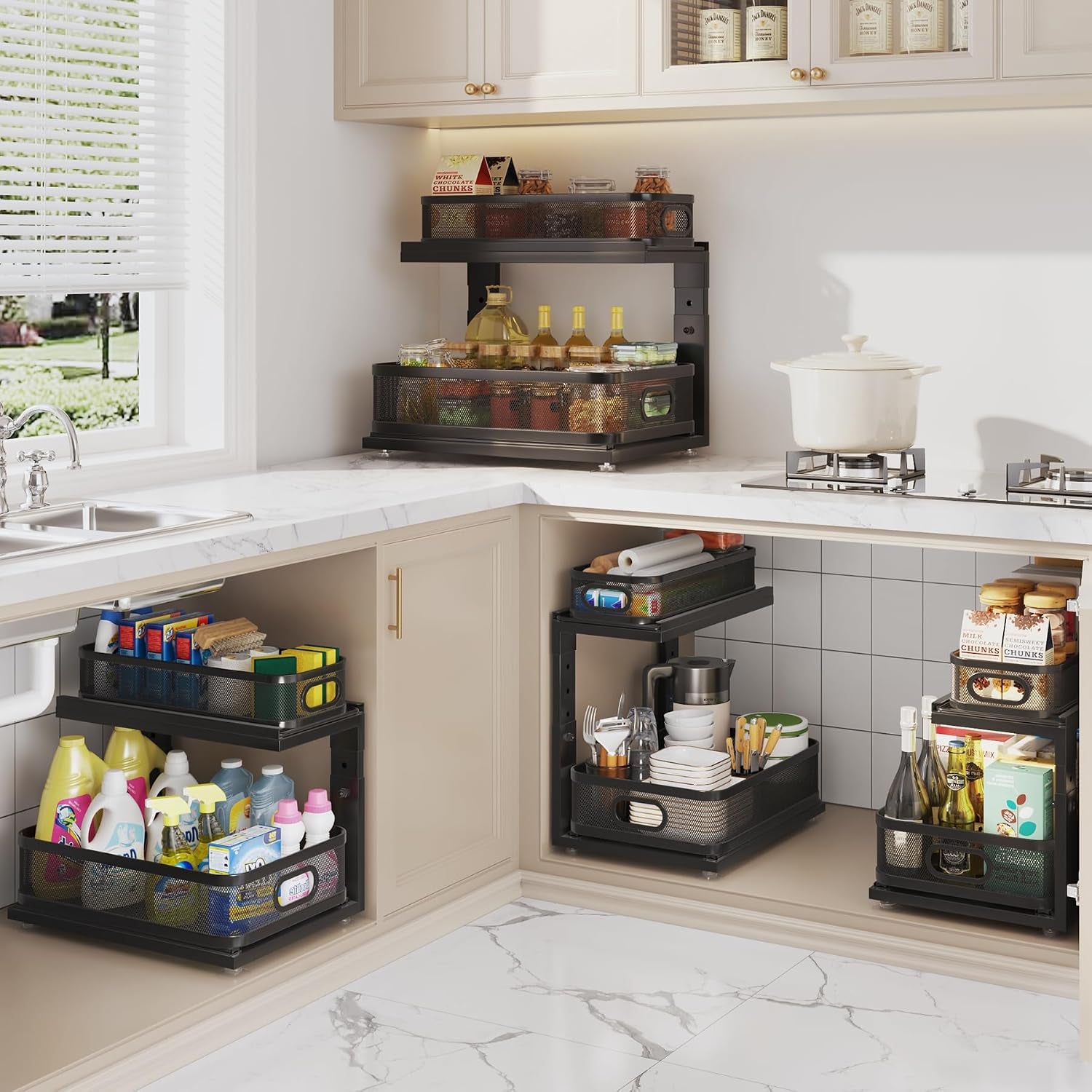 4 Pack under Sink Organizer with Next-Gen Ball-Bearing Slides,2-Tier Precision Mesh Pull Out Cabinet Drawers Storage for Bathroom&Kitchen,Height Adjustable Shelf,Rust-Resistant-Black