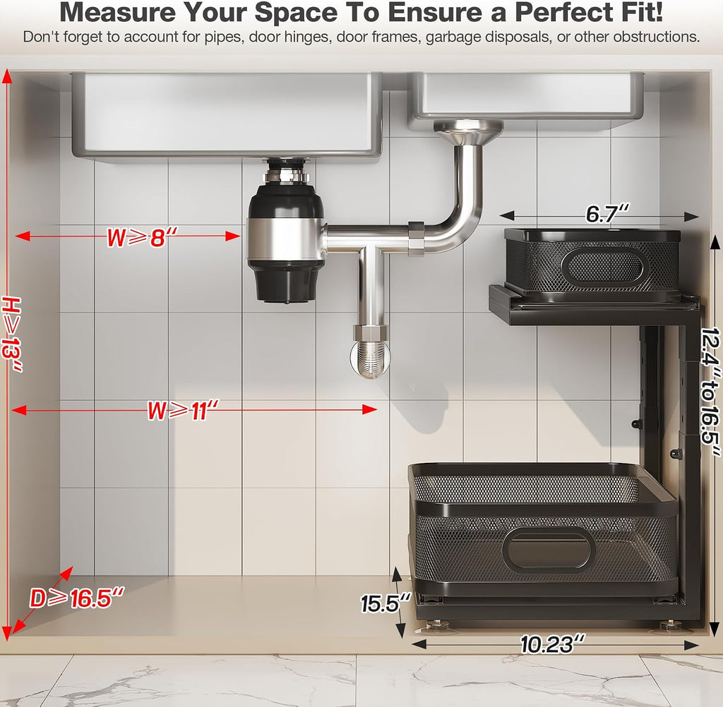 4 Pack under Sink Organizer with Next-Gen Ball-Bearing Slides,2-Tier Precision Mesh Pull Out Cabinet Drawers Storage for Bathroom&Kitchen,Height Adjustable Shelf,Rust-Resistant-Black