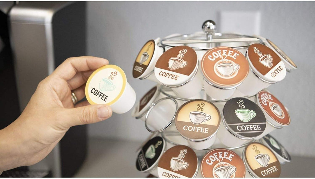Nifty K Cup Holder – Compatible with K-Cups, Coffee Pod Carousel | 36 K Cup Holder, Spins 360-Degrees, Lazy Susan Platform, Modern Chrome Design, Home or Office Kitchen Counter Organizer