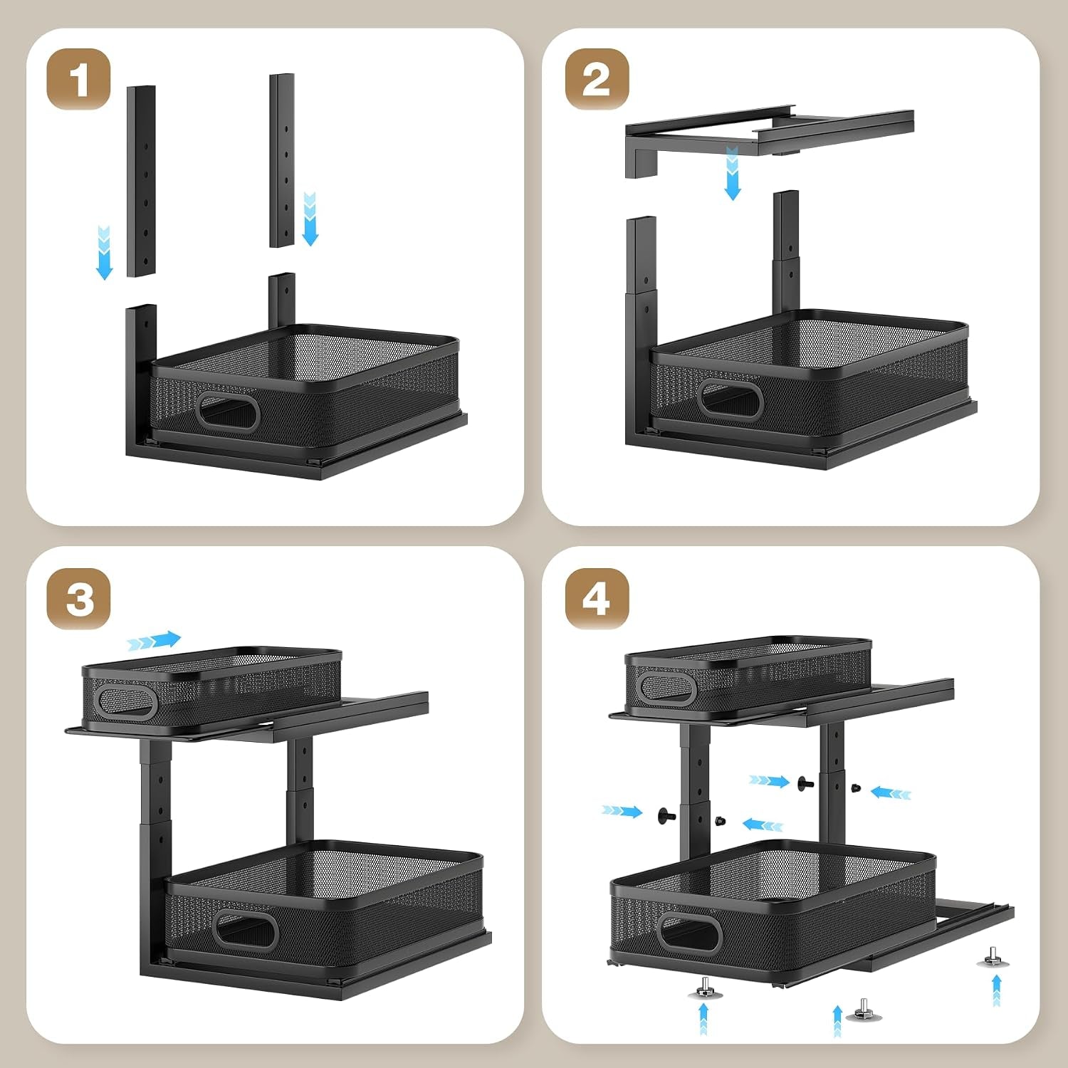 4 Pack under Sink Organizer with Next-Gen Ball-Bearing Slides,2-Tier Precision Mesh Pull Out Cabinet Drawers Storage for Bathroom&Kitchen,Height Adjustable Shelf,Rust-Resistant-Black
