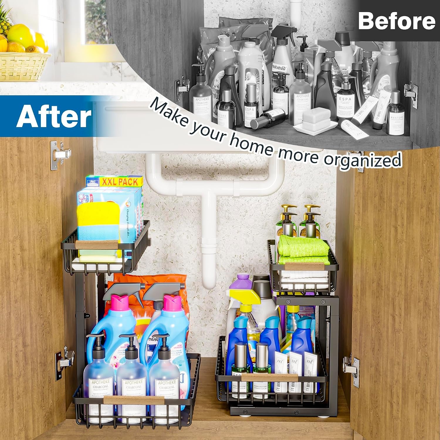 Under Sink Organizers, 2 Tier Pull Out under Cabinet Organizer，Height Adjustable Pull Out Cabinet Drawers, Metal Sliding Drawer for Kitchen Bathroom Pantry Cabinet Closet Organization Rack，2 Packs