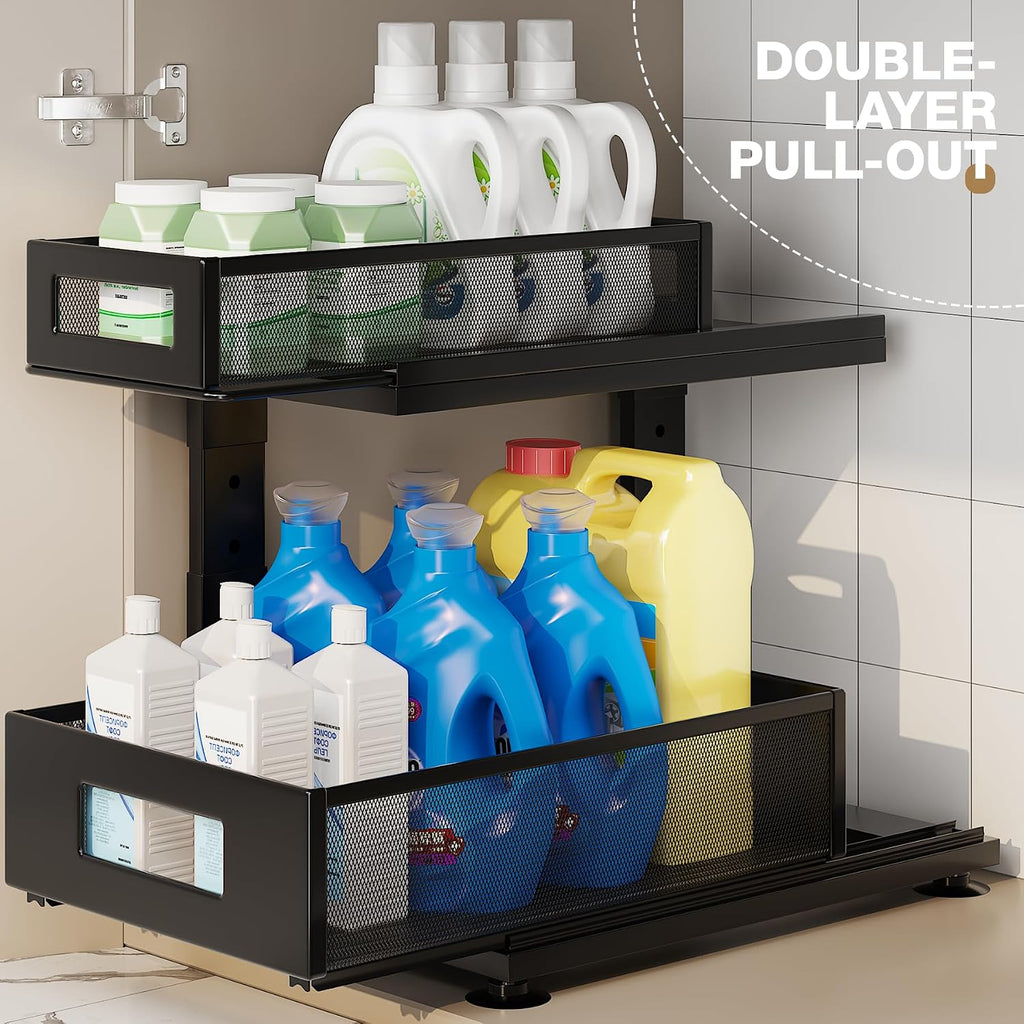 4 Pack under Sink Organizer with Next-Gen Ball-Bearing Slides,2-Tier Precision Mesh Pull Out Cabinet Drawers Storage for Bathroom&Kitchen,Height Adjustable Shelf,Rust-Resistant-Black