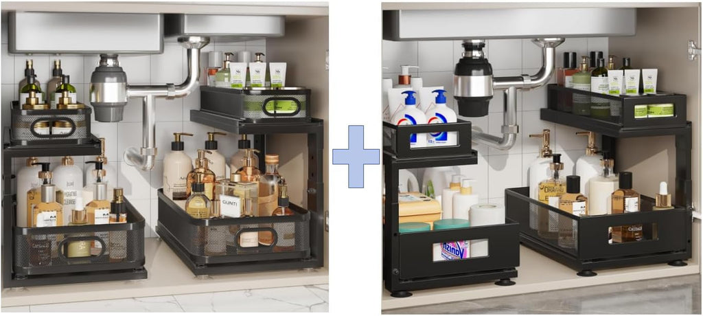 4 Pack under Sink Organizer with Next-Gen Ball-Bearing Slides,2-Tier Precision Mesh Pull Out Cabinet Drawers Storage for Bathroom&Kitchen,Height Adjustable Shelf,Rust-Resistant-Black