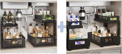 4 Pack under Sink Organizer with Next-Gen Ball-Bearing Slides,2-Tier Precision Mesh Pull Out Cabinet Drawers Storage for Bathroom&Kitchen,Height Adjustable Shelf,Rust-Resistant-Black