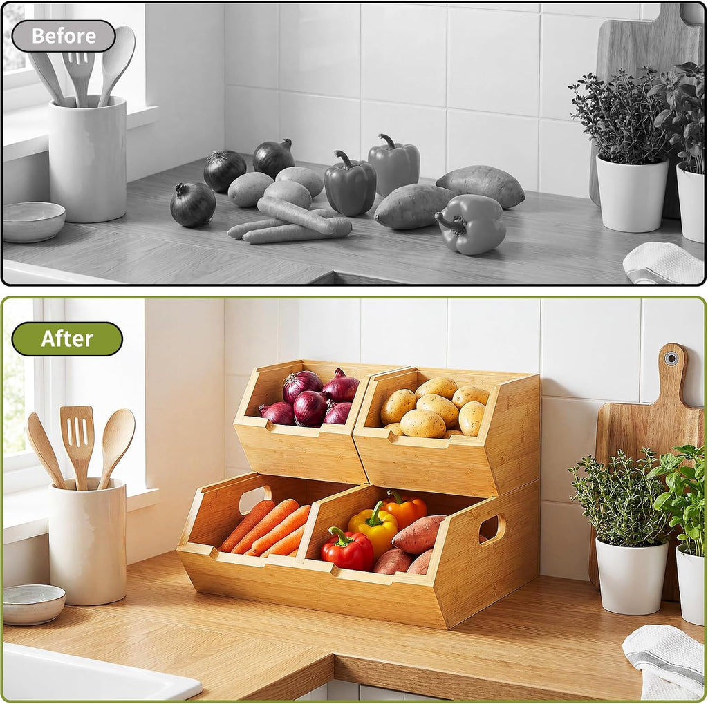 Bamboo Pantry Storage Bins, Potato and Onion Storage Bin for Countertop, Pantry Organizers and Storage Bins for Vegetables