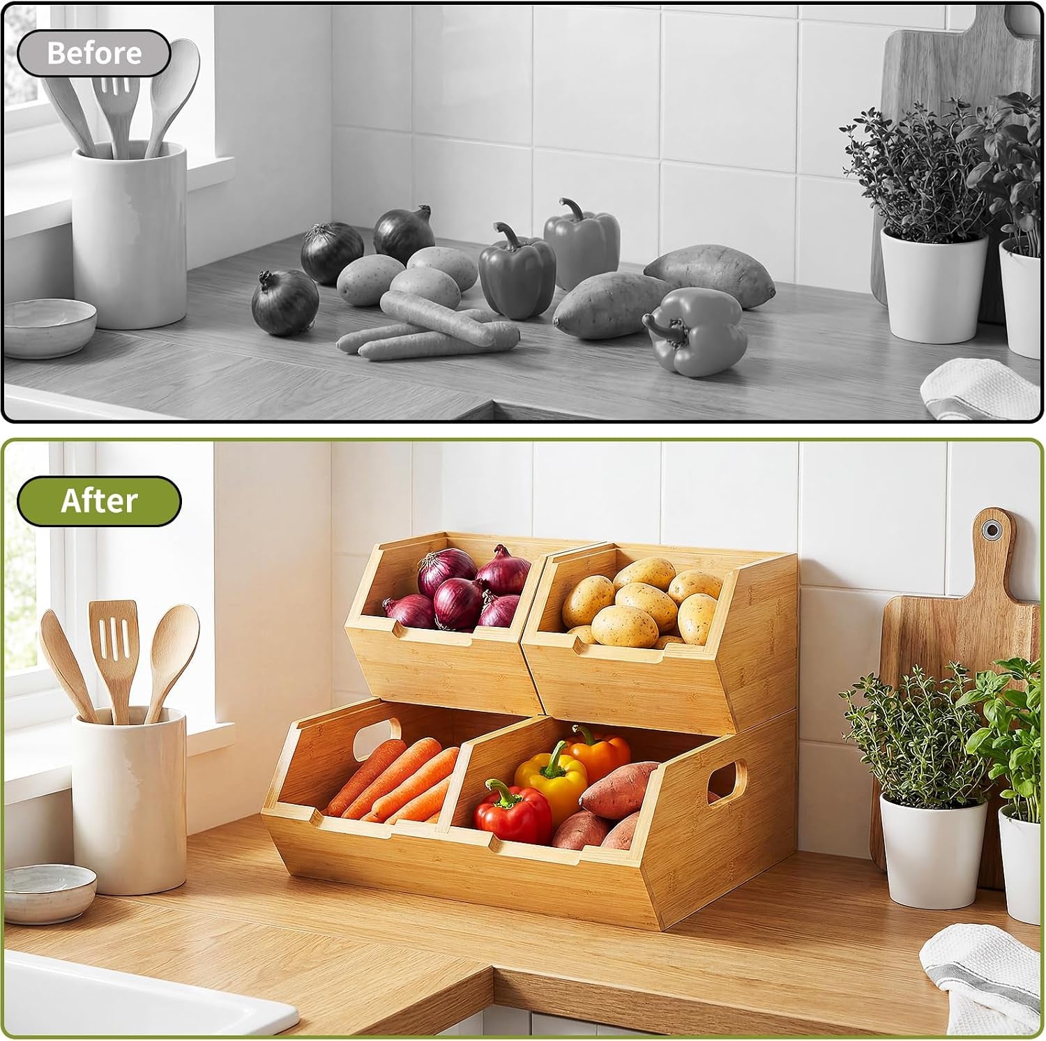Bamboo Pantry Storage Bins, Potato and Onion Storage Bin for Countertop, Pantry Organizers and Storage Bins for Vegetables
