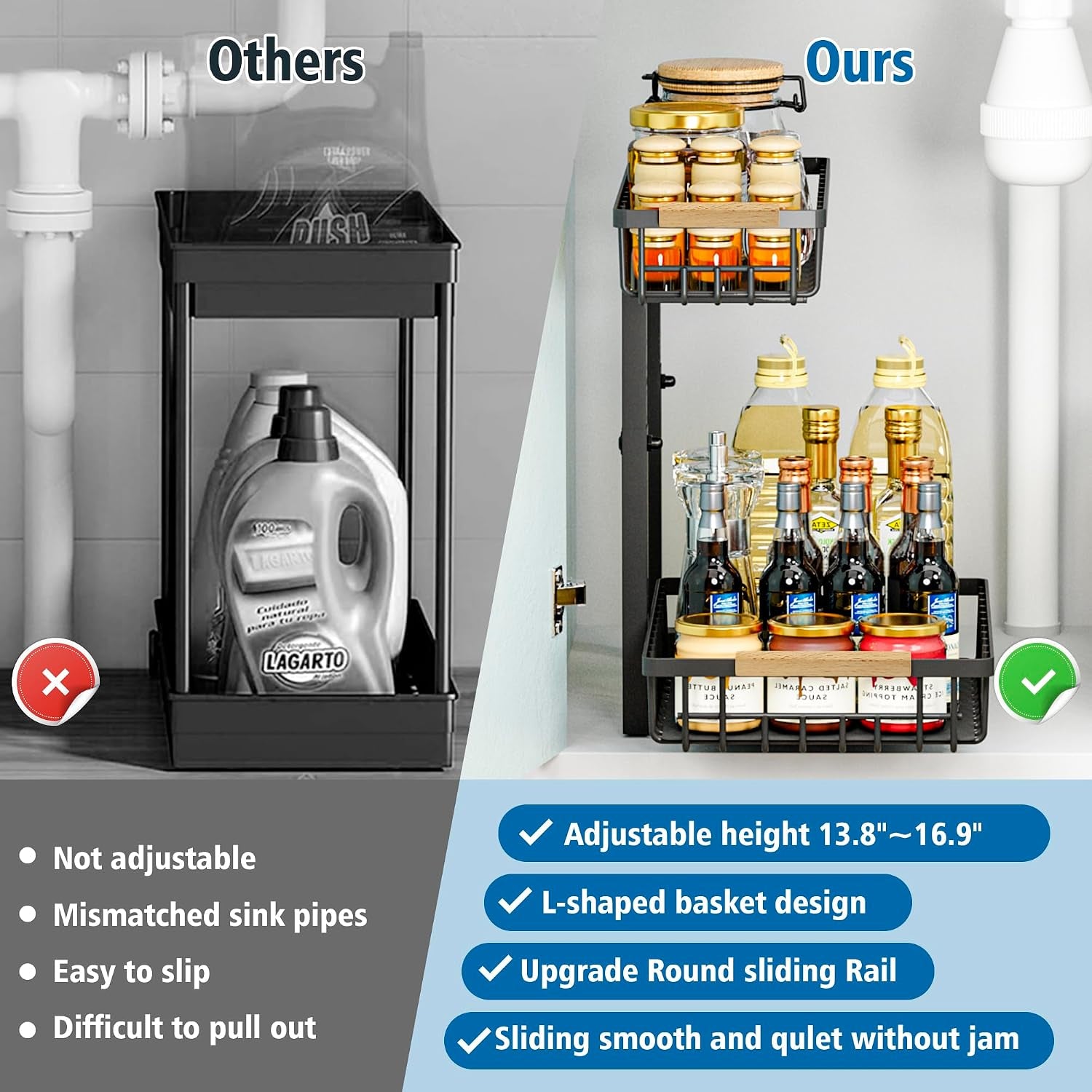 Under Sink Organizers, 2 Tier Pull Out under Cabinet Organizer，Height Adjustable Pull Out Cabinet Drawers, Metal Sliding Drawer for Kitchen Bathroom Pantry Cabinet Closet Organization Rack，2 Packs