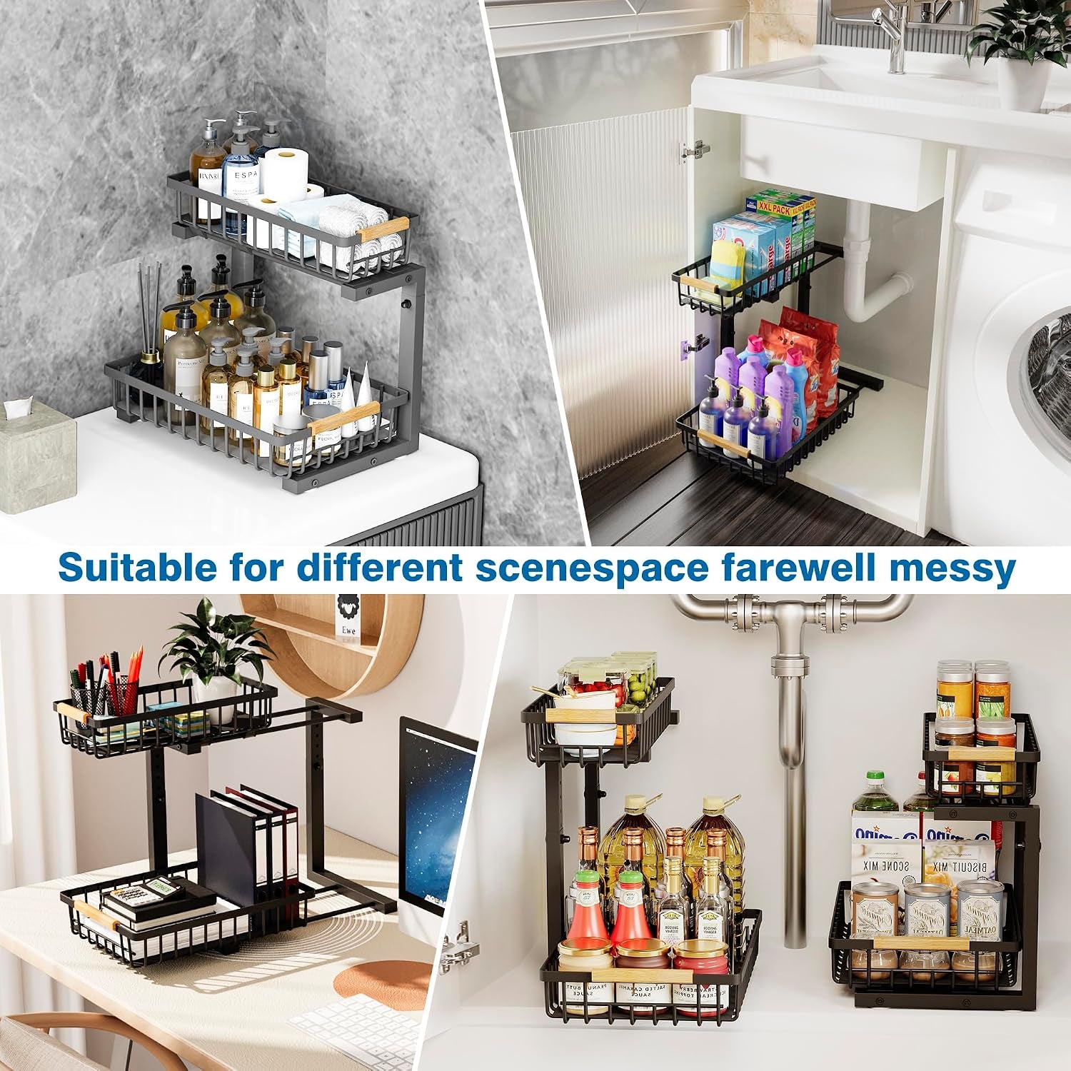 Under Sink Organizers, 2 Tier Pull Out under Cabinet Organizer，Height Adjustable Pull Out Cabinet Drawers, Metal Sliding Drawer for Kitchen Bathroom Pantry Cabinet Closet Organization Rack，2 Packs