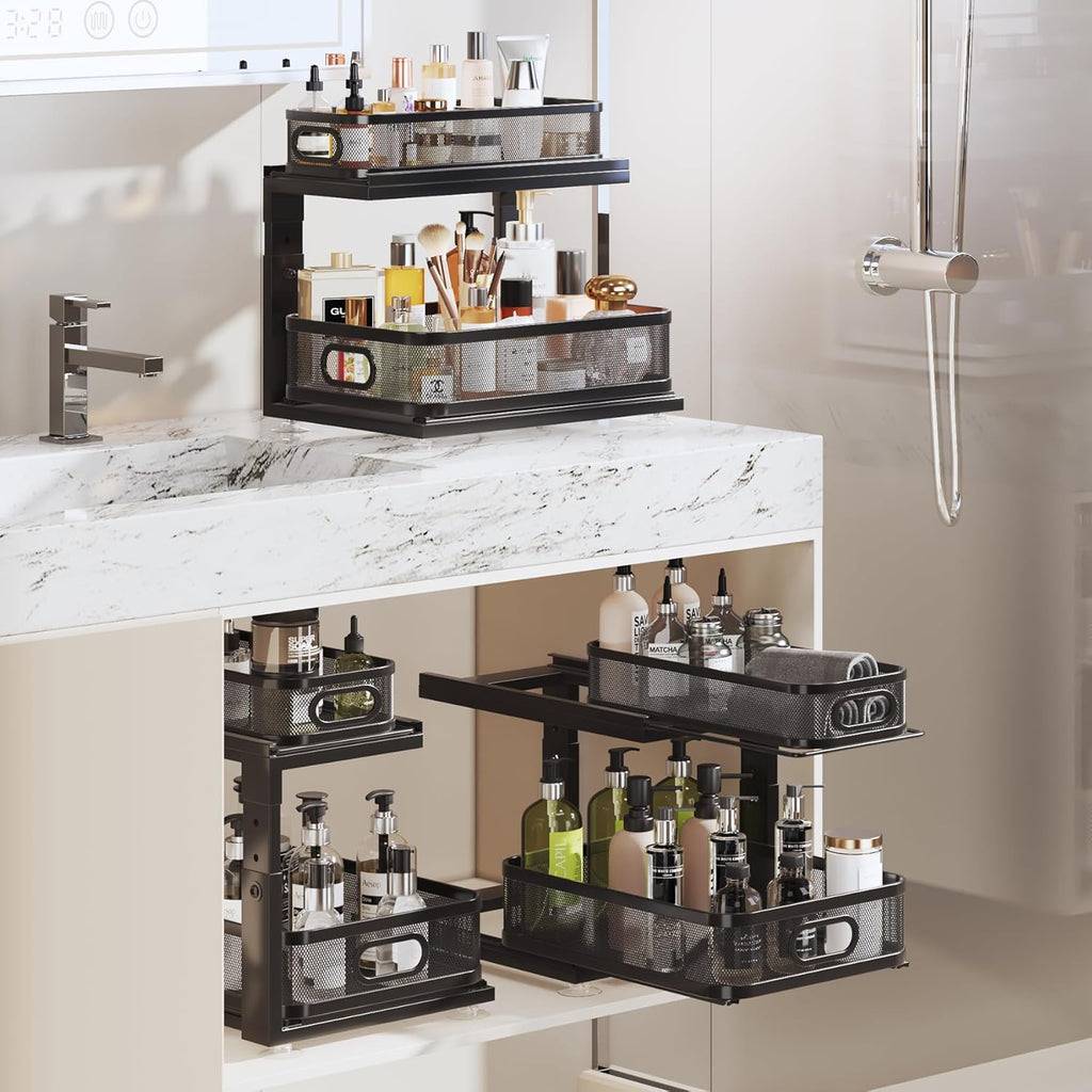4 Pack under Sink Organizer with Next-Gen Ball-Bearing Slides,2-Tier Precision Mesh Pull Out Cabinet Drawers Storage for Bathroom&Kitchen,Height Adjustable Shelf,Rust-Resistant-Black