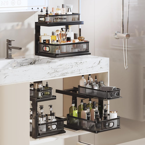 4 Pack under Sink Organizer with Next-Gen Ball-Bearing Slides,2-Tier Precision Mesh Pull Out Cabinet Drawers Storage for Bathroom&Kitchen,Height Adjustable Shelf,Rust-Resistant-Black