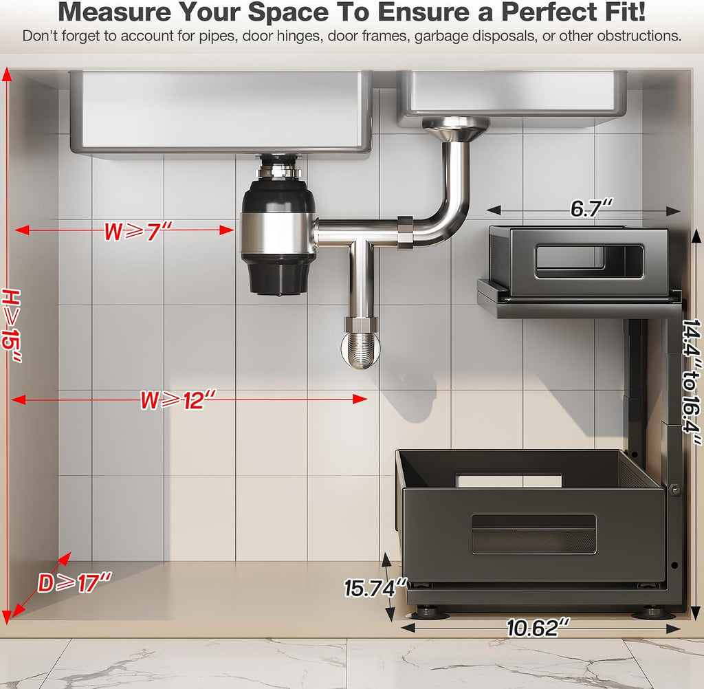 4 Pack under Sink Organizer with Next-Gen Ball-Bearing Slides,2-Tier Precision Mesh Pull Out Cabinet Drawers Storage for Bathroom&Kitchen,Height Adjustable Shelf,Rust-Resistant-Black