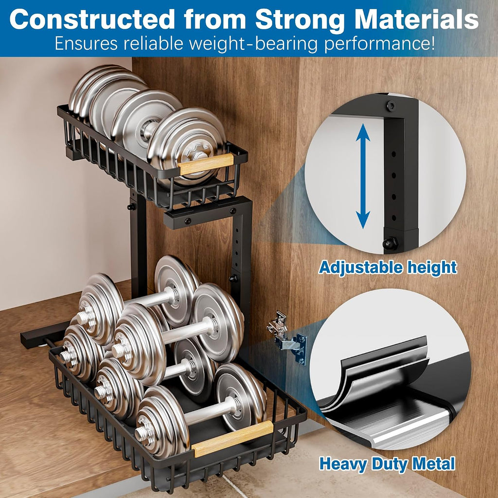 Under Sink Organizers, 2 Tier Pull Out under Cabinet Organizer，Height Adjustable Pull Out Cabinet Drawers, Metal Sliding Drawer for Kitchen Bathroom Pantry Cabinet Closet Organization Rack，2 Packs