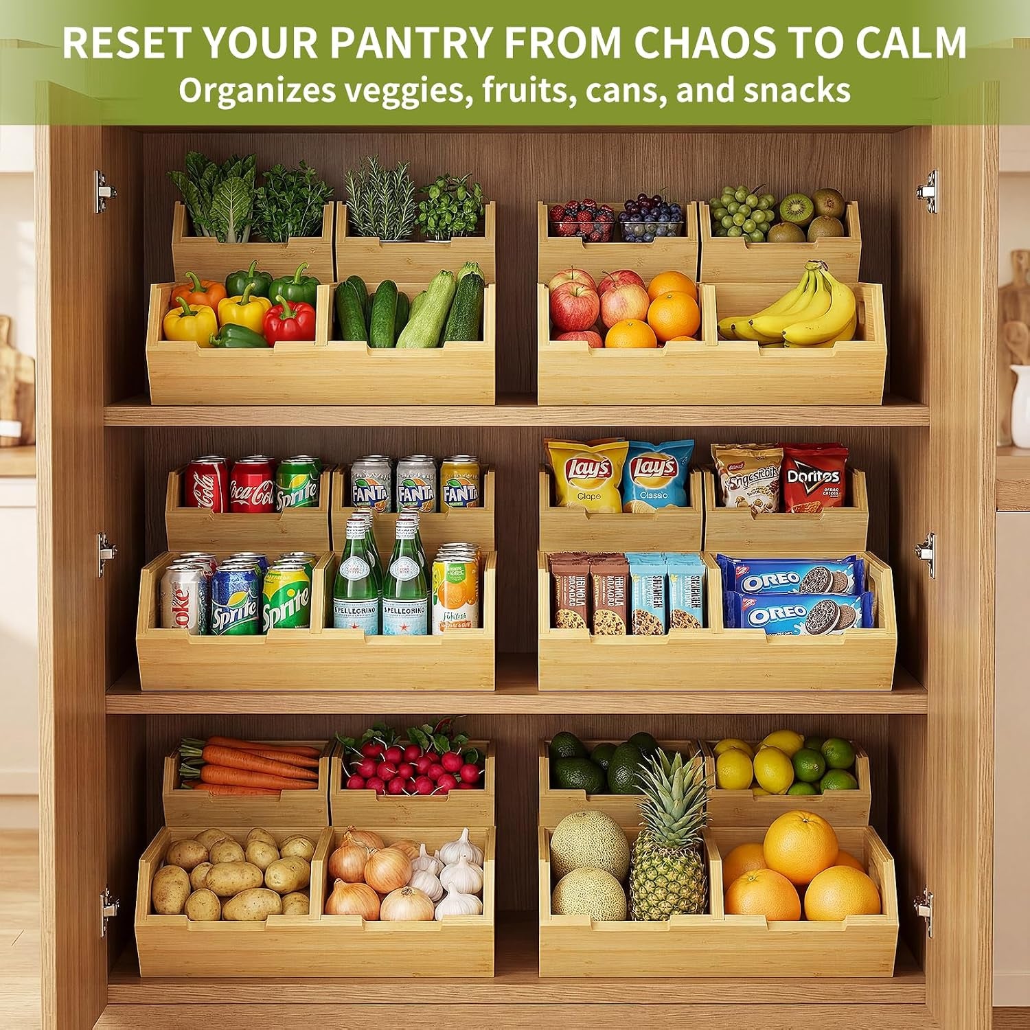 Bamboo Pantry Storage Bins, Potato and Onion Storage Bin for Countertop, Pantry Organizers and Storage Bins for Vegetables