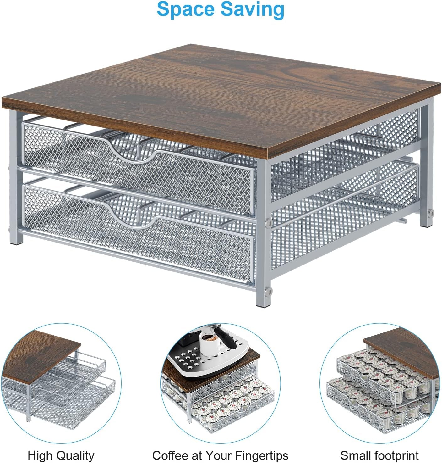 Coffee Pod Holder for Counter, Coffee Pod Drawer for Keurig Pod Storage Drawer Holder, 72 Capacity Pods Storage Organizer for Coffee Pod Storage with Sliding Baskets for Coffee Station, Silver