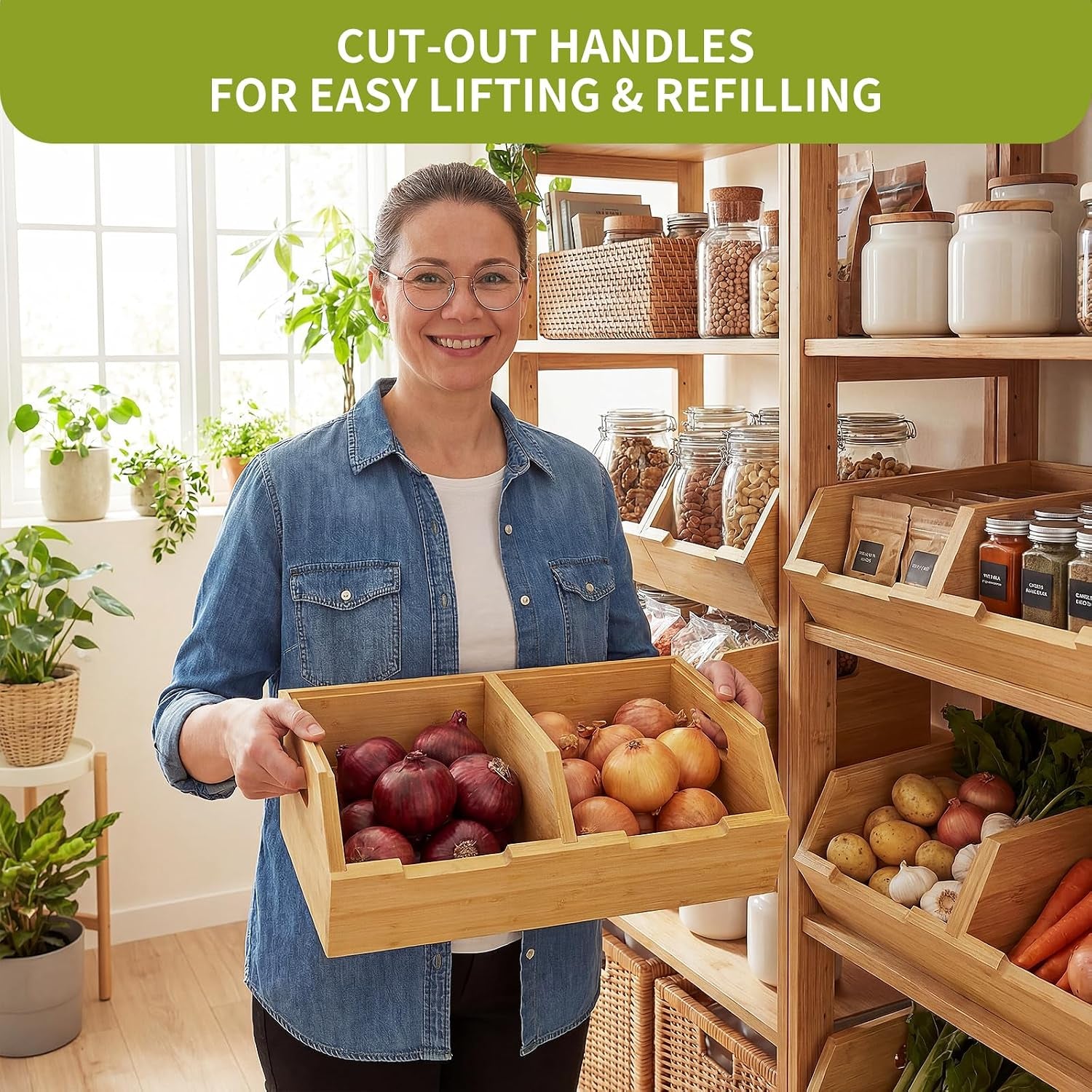 Bamboo Pantry Storage Bins, Potato and Onion Storage Bin for Countertop, Pantry Organizers and Storage Bins for Vegetables