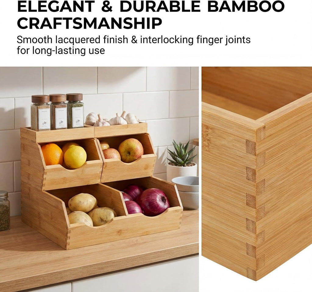 Bamboo Pantry Storage Bins Set 5 Pieces - Stackable Baskets, Potato and Onion Storage, Bamboo Wood Storage Bins for Pantry Baskets Organization and Storage, Kitchen Essential