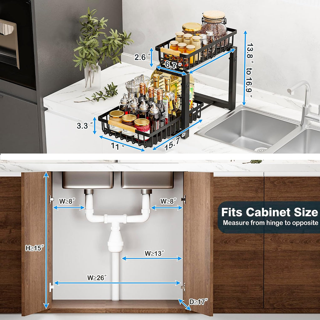 Under Sink Organizers, 2 Tier Pull Out under Cabinet Organizer，Height Adjustable Pull Out Cabinet Drawers, Metal Sliding Drawer for Kitchen Bathroom Pantry Cabinet Closet Organization Rack，2 Packs