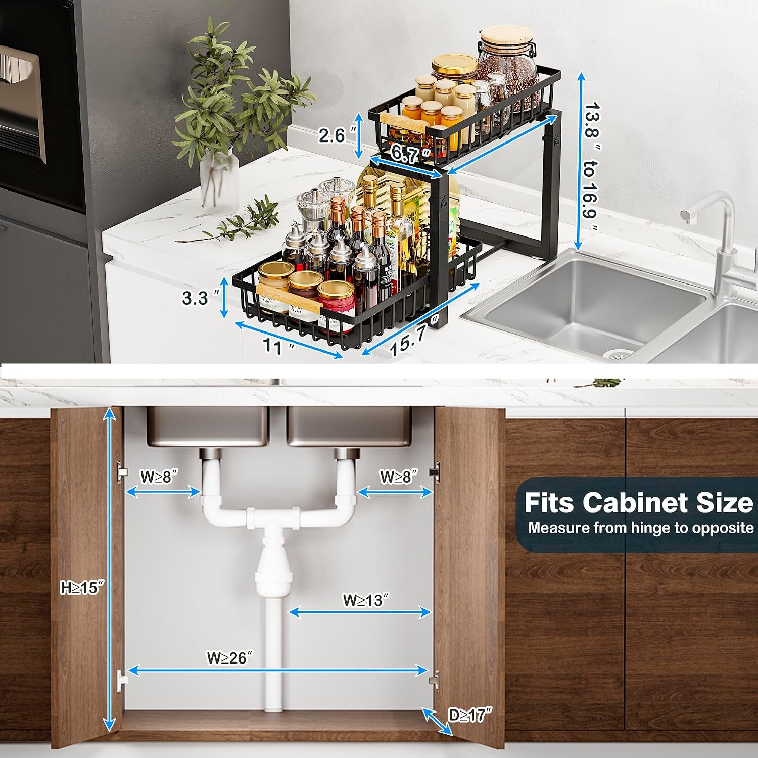 Under Sink Organizers, 2 Tier Pull Out under Cabinet Organizer，Height Adjustable Pull Out Cabinet Drawers, Metal Sliding Drawer for Kitchen Bathroom Pantry Cabinet Closet Organization Rack，2 Packs